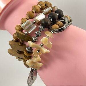 Treska Boho Wooden Mother of Pearl Silver Tone Beaded Memory Wire Wrap Bracelet